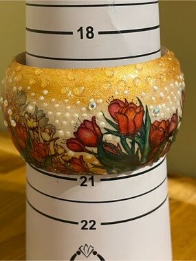 Vintage artisan wooden bangle red tulip garden with rhinestones & crystal 7 1/2”